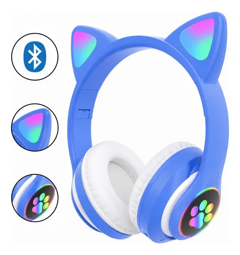 Audífonos Inalámbricos Orejas Gato Con Micrófono Recargables Azul