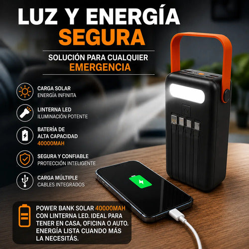 Power Bank Solar 40000mah Con Linterna Led Cables Integrados Negro