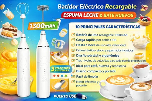 Batidor Recargable Para Café Y Huevos 2 En 1 Espumador Blanco