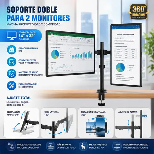 Soporte Doble Articulado Para 2 Monitores Vesa 14 A 32 PuLG Negro