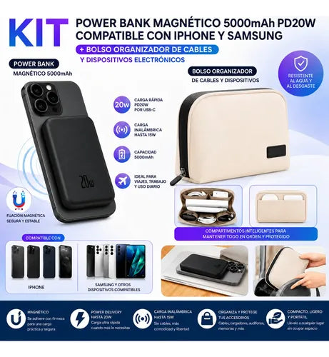 Kit Powerbank 5000mah Magnético Para iPhone Samsung + Bolso Negro/beige
