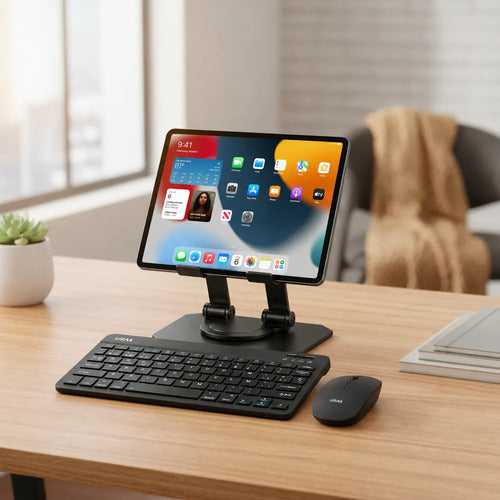 Kit Teclado Mouse Bluetooth Soporte Metal 360° Para Tablet