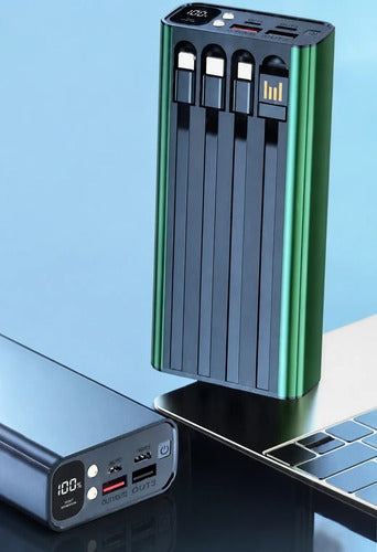 Powerbank 20000mah Carga Rápida Luz Led Cables Integrados Verde