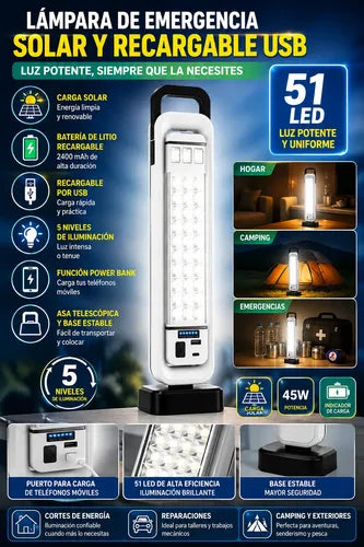Lámpara Recargable 2400mah Solar + Usb 45w 51 Luces Led Blanco