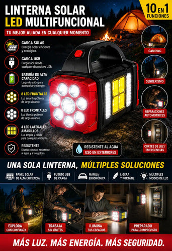Linterna Solar Led Multifunción Recargable Usb + Powerbank Blanca/ Amarilla Negro/rojo