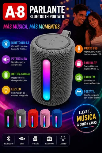 Parlante Inalámbrico A8 Bluetooth 5.3 Usb Radio Fm Luz Rgb