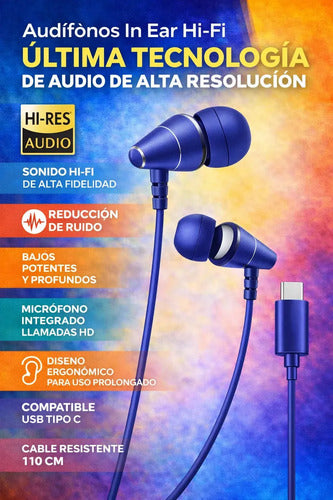 Audífonos In-ear Hi-fi Con Usb-c Y Micrófono Para Android Azul