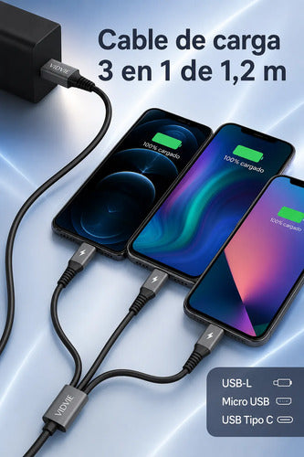 Cable Multicargador Compatible Con iPhone Tipo C Y Micro V8 Negro