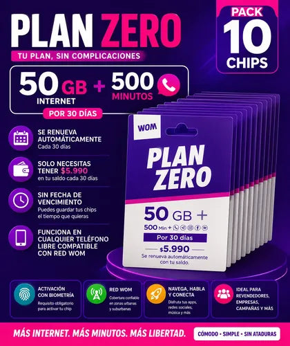 Chips Wom Plan Zero Incluye 50gb + 500 Min (pack 10 Chips) 3 En 1
