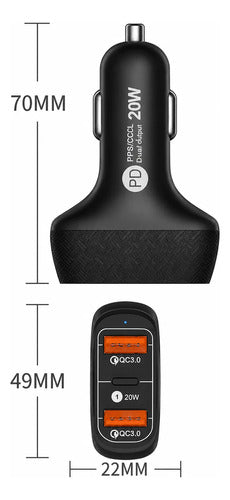 Cargador Rápido Para Auto 20w Usb C Y Qc3.0 Con Cable Negro