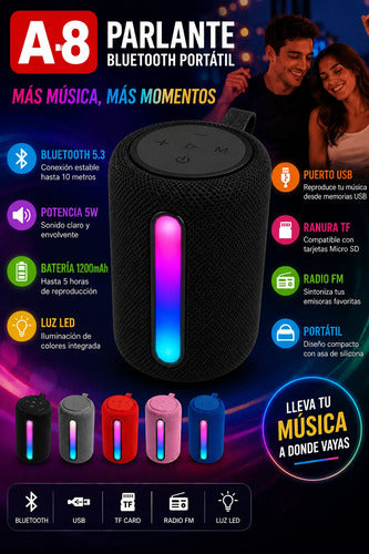Parlante Inalámbrico A8 Bluetooth 5.3 Usb Radio Fm Luz Rgb