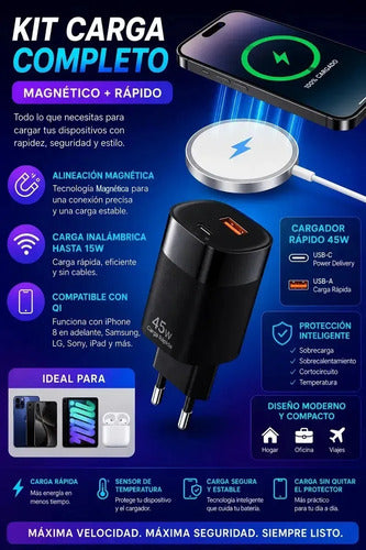 Cargador Magnético 15w + Adaptador Pd45w Para iPhone Samsung Blanco