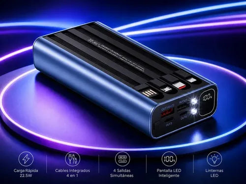 Power Bank 20000mah Gran Capacidad 4 Cables Integrados Carga Rápida Pd Pantalla Led Linterna Led Batería Portátil... Azul