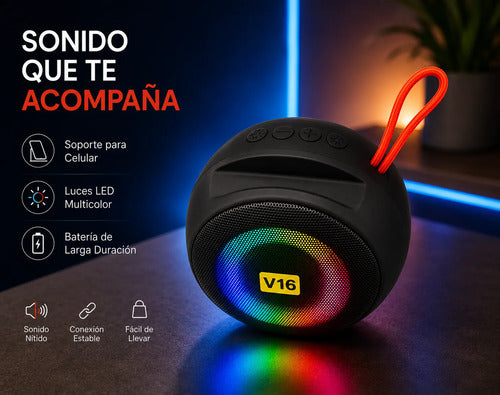 Parlante V16 8w Bluetooth Luz Led Soporte Celular Radio Fm Negro