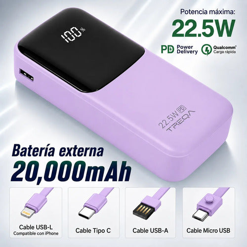 Batería Externa Powerbank 20000mah Carga Rápida Pd 3.0 22.5w Lila