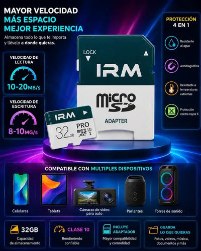 Tarjeta Micro Sd Hc 32gb Clase 10 Irm Con Adaptador Sd