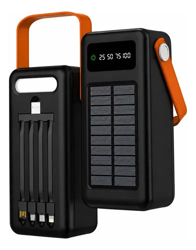 Power Bank Solar 40000mah Con Linterna Led Cables Integrados Negro