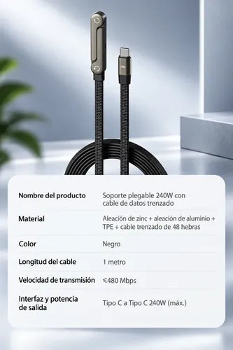 Cable Usb-c Carga Rápida 240w Con Soporte Plegable 2 En 1 Negro