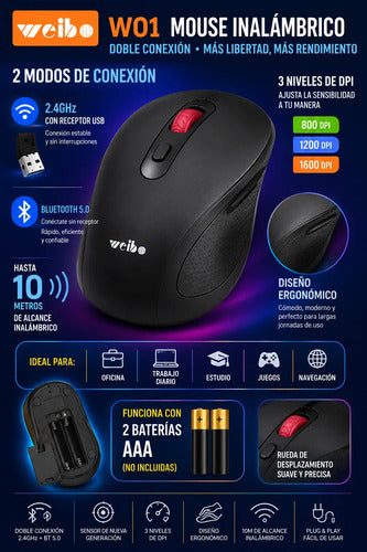 Mouse Inalámbrico 2.4ghz Bluetooth 5.0 1600 Dpi 6 Botones Negro