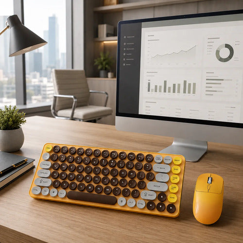 Kit Teclado Y Mouse Inalámbricos Teclas Redondas Silencioso Amarillo / Negro Amarillo