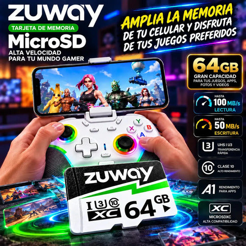 Tarjeta De Memoria Microsd Zuway 64gb Clase 10 U3 A1 Alta Velocidad 100mb/s Premium Compatible Con Nintendo Swicht 1, Video 8k, Celulares, Tablets, Cámaras De Seguridad Y Deportivas, Uso Profesional