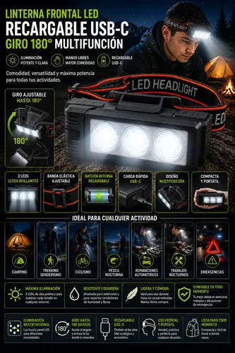 Linterna Frontal Led Recargable Cinta Ajustable Giro 180° Blanca / Calida Negro