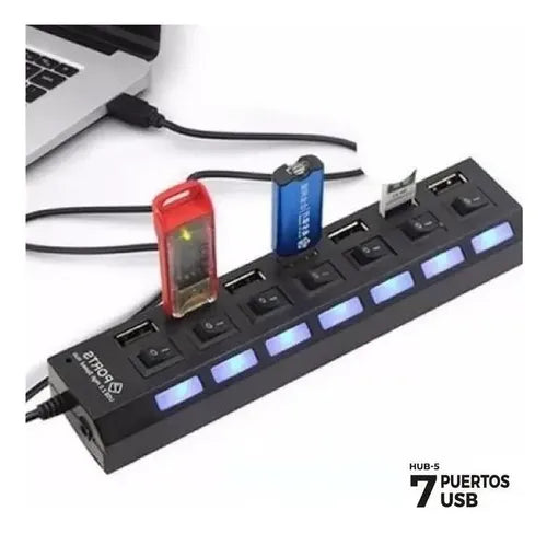 Hub Usb De 7 Puertos Con Interruptores Y Luces Led Para Pc Y Laptop Negro