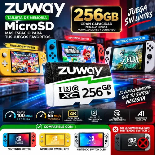 Tarjeta De Memoria Microsd Zuway 256gb Clase 10 U3 A1 Alta Velocidad 100mb/s Premium Compatible Con Nintendo Swicht 1, Video 8k, Celulares, Tablets, Cámaras De Seguridad Y Deportivas, Uso Profesional