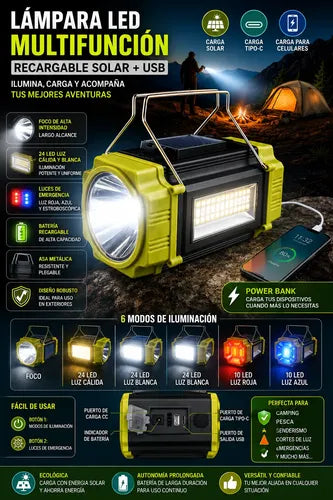 Linterna Led Multifunción Recargable Solar + Usb + Powerbank Verde