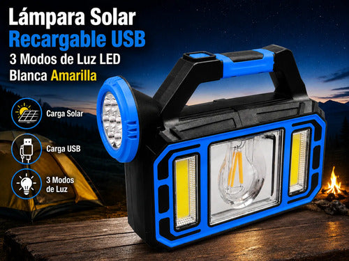 Linterna Solar Multifunción Portátil Luz Led Recargable Usb Blanca/ Amarilla Azul Negro