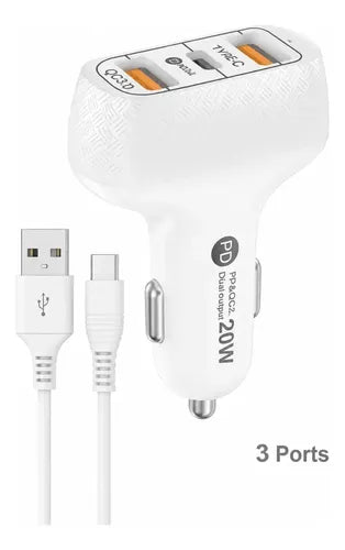 Cargador Para Auto De Carga Rápida Usb-c Con Cable, 20w Blanco
