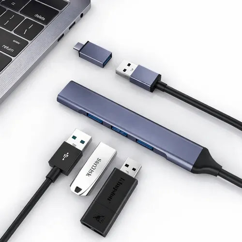 Hub Usb De 4 Puertos Con Adaptador Tipo C Para Macbook Y Laptop Gris Azulado Metalizado