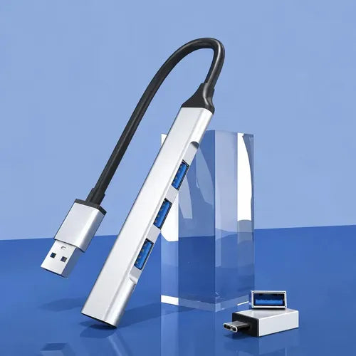 Hub Usb Treqa De 4 Puertos Con Adaptador Tipo C Para Pc Macbook Y Laptop Plateado
