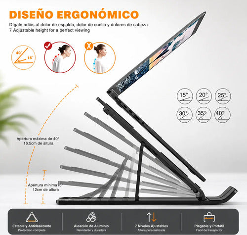 Soporte Metálico Para Notebook Tablet Plegable Antideslizant Negro