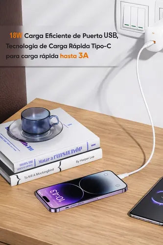 Cargador Rápido De Pared Vidvie 18w Usb-a A Usb-c Con Cable, Para Samsung, Xiaomi Y Huawei Blanco