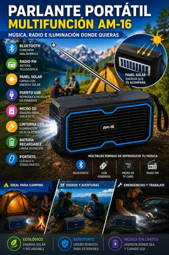 Parlante Portátil Solar 5w Radio Fm Linterna Led Recargable
