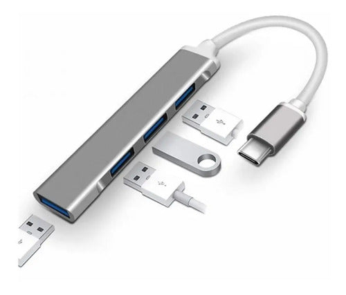 Hub Usb Treqa De 4 Puertos Con Adaptador Tipo C Para Pc Macbook Y Laptop Plateado