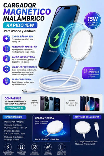 Cargador Magnético Inalámbrico Rápido Diegmark De 15w Para iPhone Y Android En Blanco