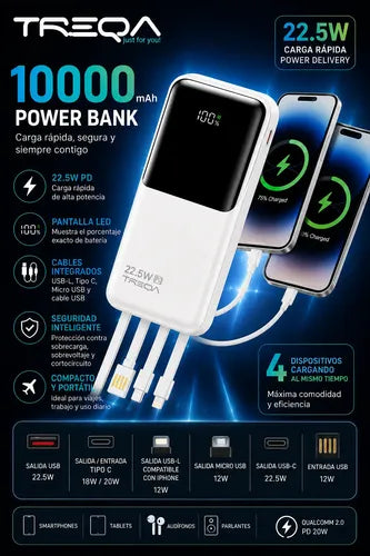 Power Bank Carga Rápida 10000mah 22.5w Pd 4 Cables Integrado Blanco