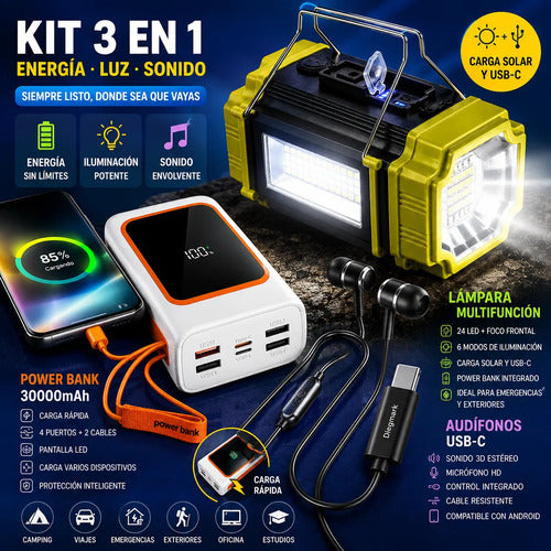 Kit Powerbank 30000mah Linterna Multifunción Led Y Audífonos Blanco/verde