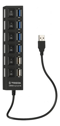 Hub Usb De 7 Puertos Con Interruptores Y Luces Led Para Pc Y Laptop Negro