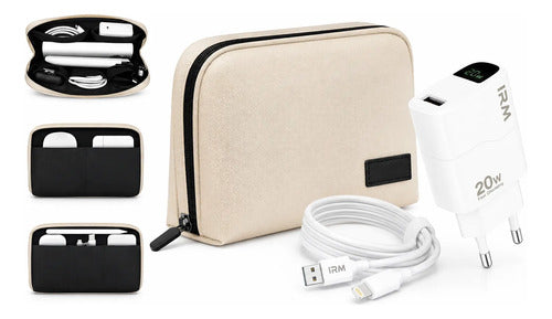 Kit Cargador Rápido 20w Para iPhone Con Bolso Organizador Blanco/beige