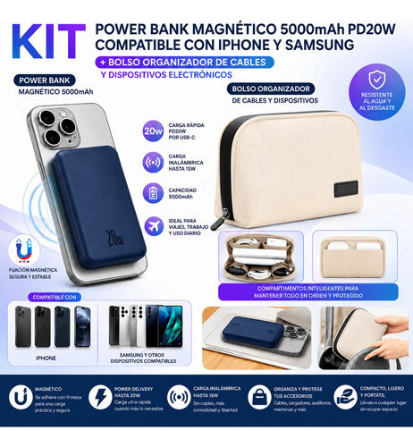 Kit Powerbank Magnético 5000mah Para iPhone Samsung + Bolso Azul/beige