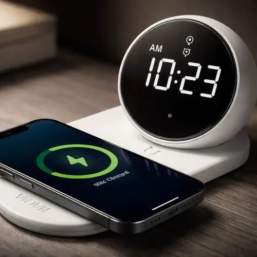 Reloj Despertador Digital Diegmark Con Carga Inalámbrica Y Altavoz Bluetooth Para iPhone Y Android Blanco