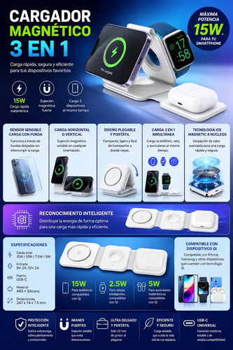 Cargador Inalámbrico Magnético 3 En 1, Plegable Y Portátil Compatible Con iPhone, Samsung Y Dispositivos Con Tecnología Qi Blanco