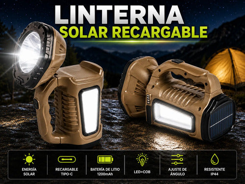 Linterna Led Cob Solar Recargable Usb 1200mah Ajustable 90° Luz Led Blanco Marrón