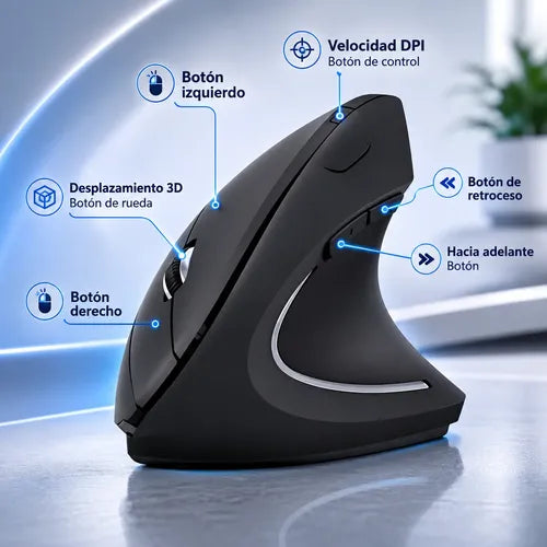 Mouse Vertical Inalámbrico Ergonómico Dpi Ajustable 6 Botone Negro