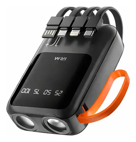 Powerbank 10000mah 2 Linternas Led Cables Integrados + Bolso Negro