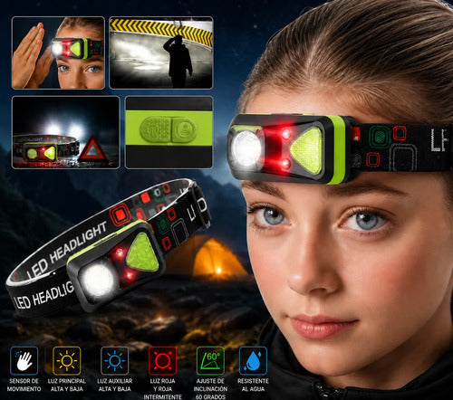 Linterna Frontal Led Recargable Luz Roja Y Sensor Movimiento