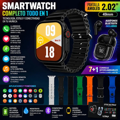 Kit Smartwatch D96 Plus Con Audífonos Inalámbricos Pantalla Led - 7 Correas - Carga Inalámbrica Pantalla Hd Regalo Ideal Fitness Notificaciones Compatible Android Ios Uso Diario Plateado 4 Colores